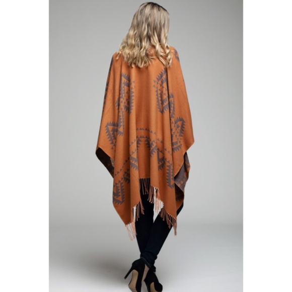 SOLD OUT Rustic Pottery Rust Western Aztec Tribal Native Reversible Ethnic Ruana - Picture 4 of 6